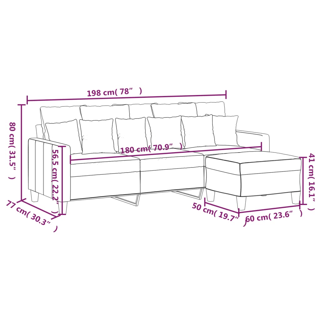 3-Sitzer-Sofa mit Hocker Weinrot 180 cm Stoff
