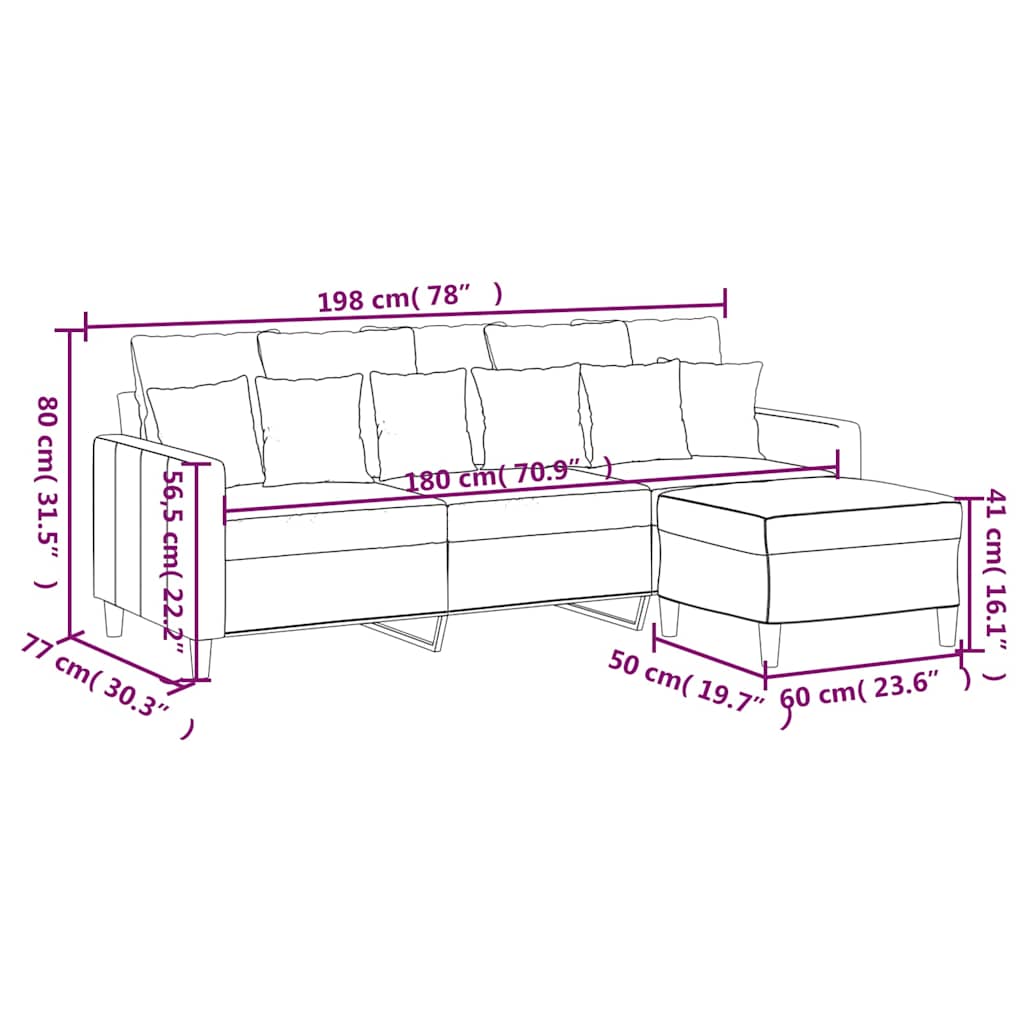 3-Sitzer-Sofa mit Hocker Creme 180 cm Samt