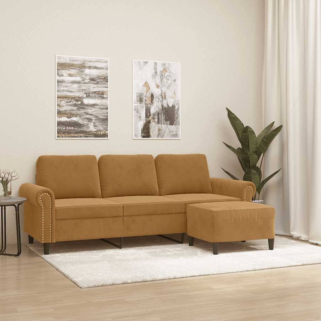 3-Sitzer-Sofa mit Hocker Braun 180 cm Samt