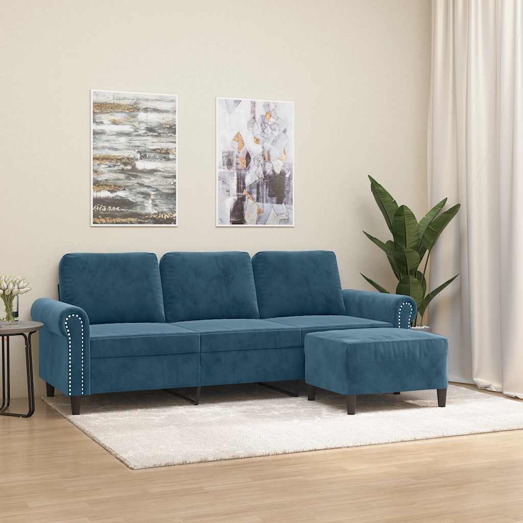 3-Sitzer-Sofa mit Hocker Blau 180 cm Samt