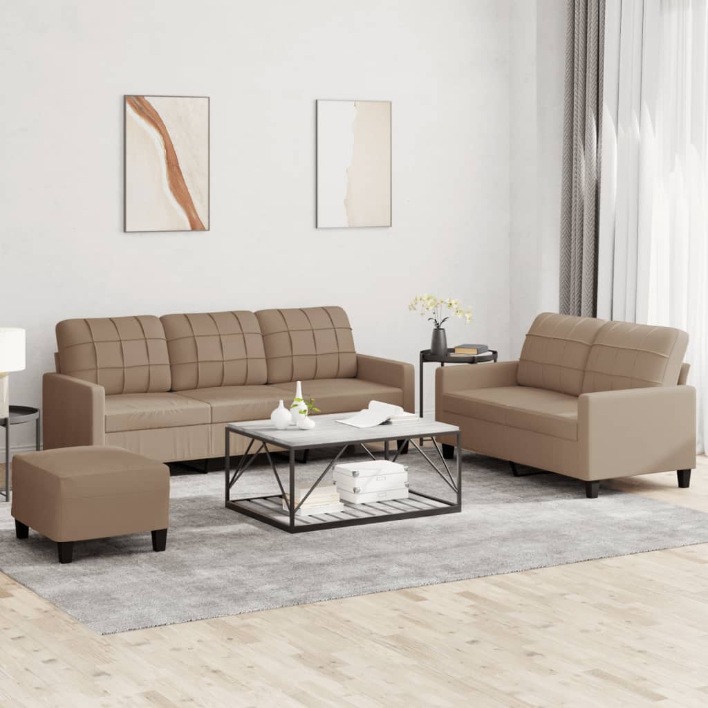 3-tlg. Sofagarnitur mit Kissen Cappuccino-Braun Kunstleder