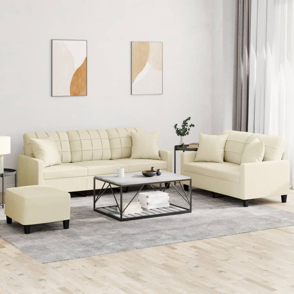 3-tlg. Sofagarnitur mit Kissen Creme Kunstleder
