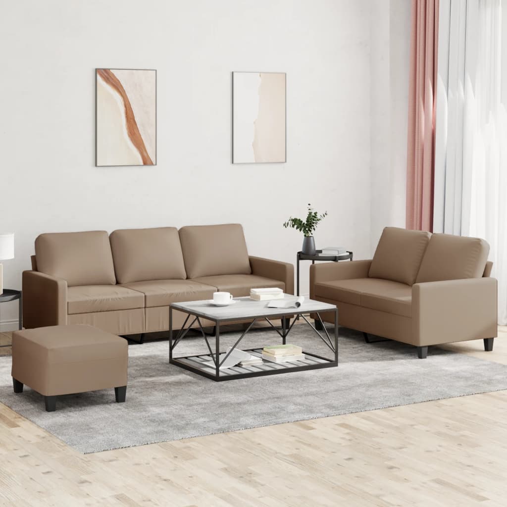 3-tlg. Sofagarnitur mit Kissen Cappuccino-Braun Kunstleder