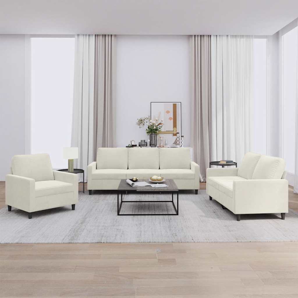 3-tlg. Sofagarnitur mit Kissen Creme Samt