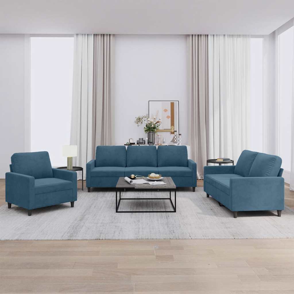 3-tlg. Sofagarnitur mit Kissen Blau Samt
