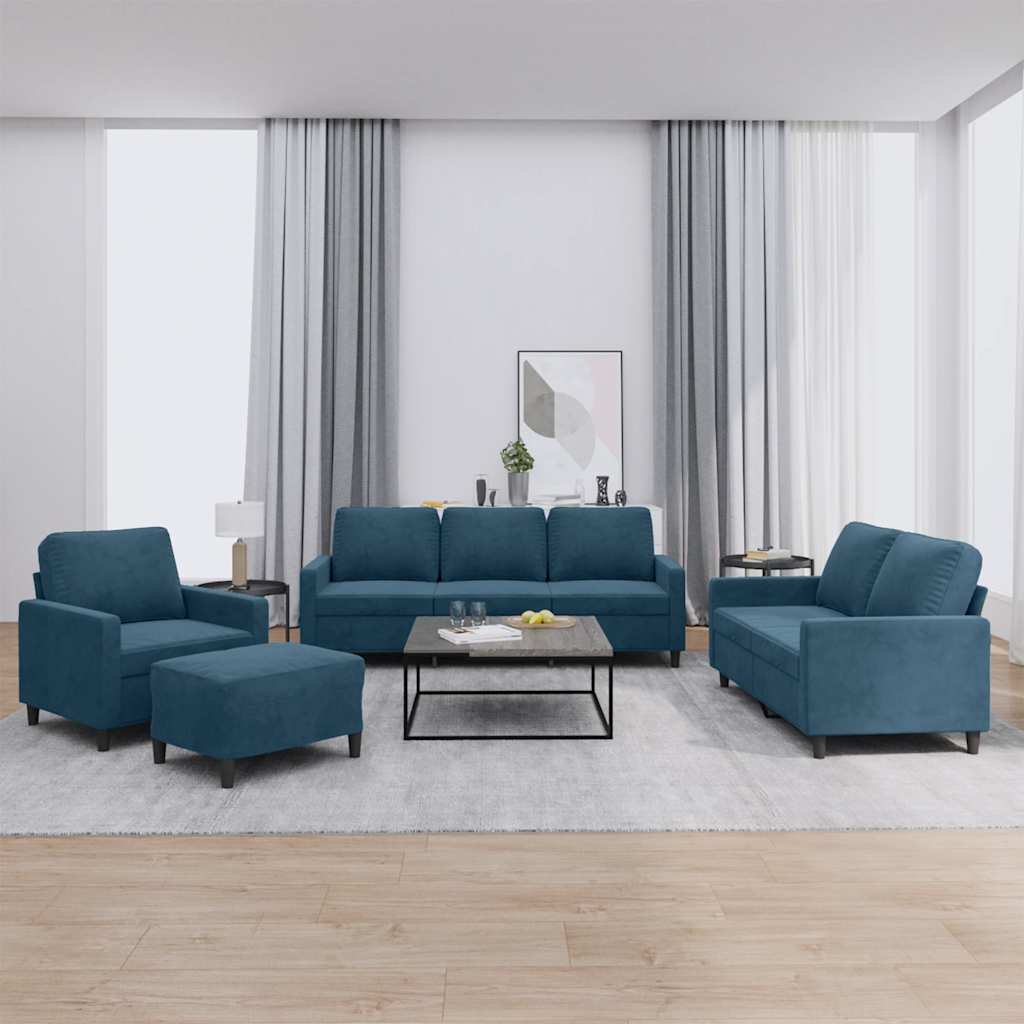 4-tlg. Sofagarnitur mit Kissen Blau Samt