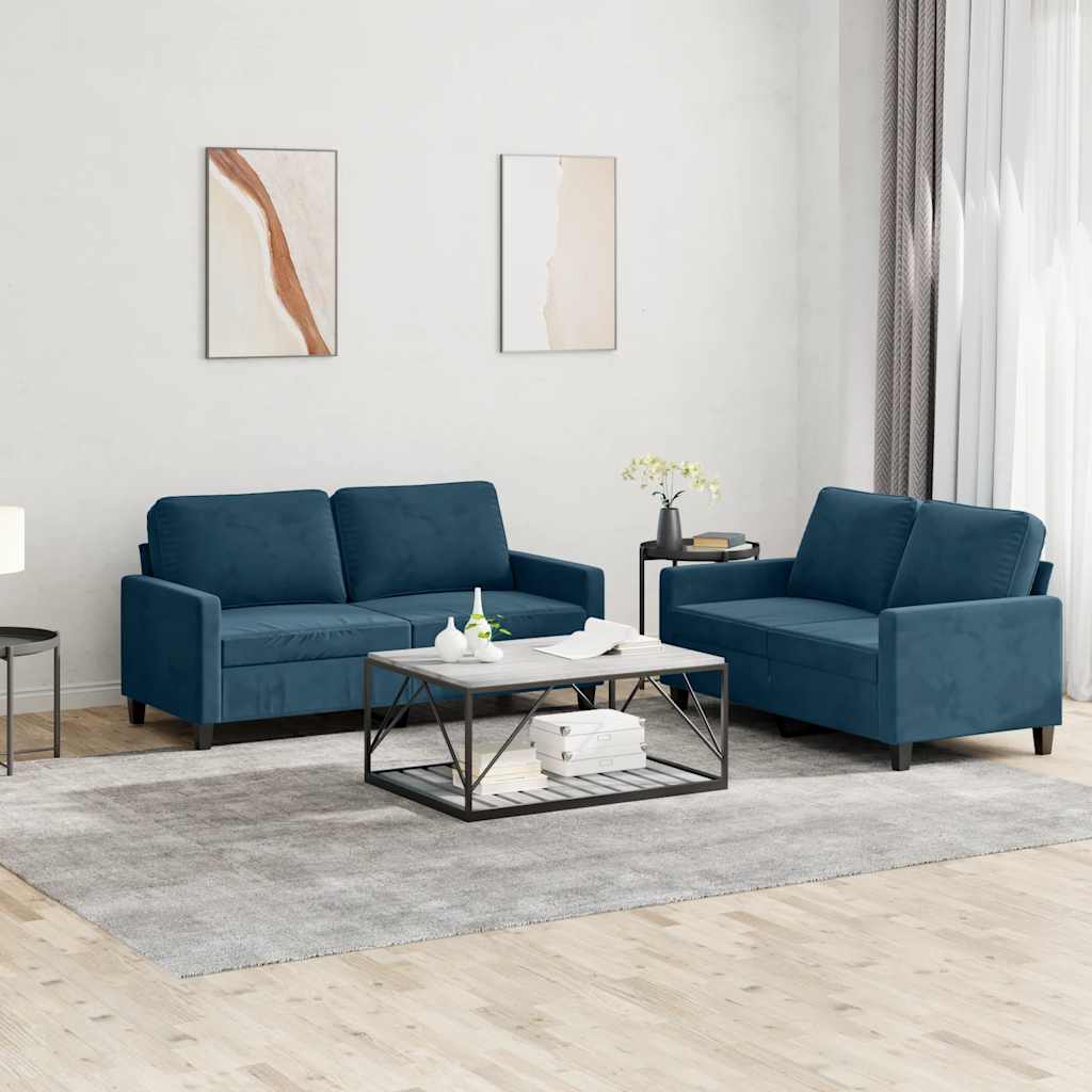 2-tlg. Sofagarnitur mit Kissen Blau Samt
