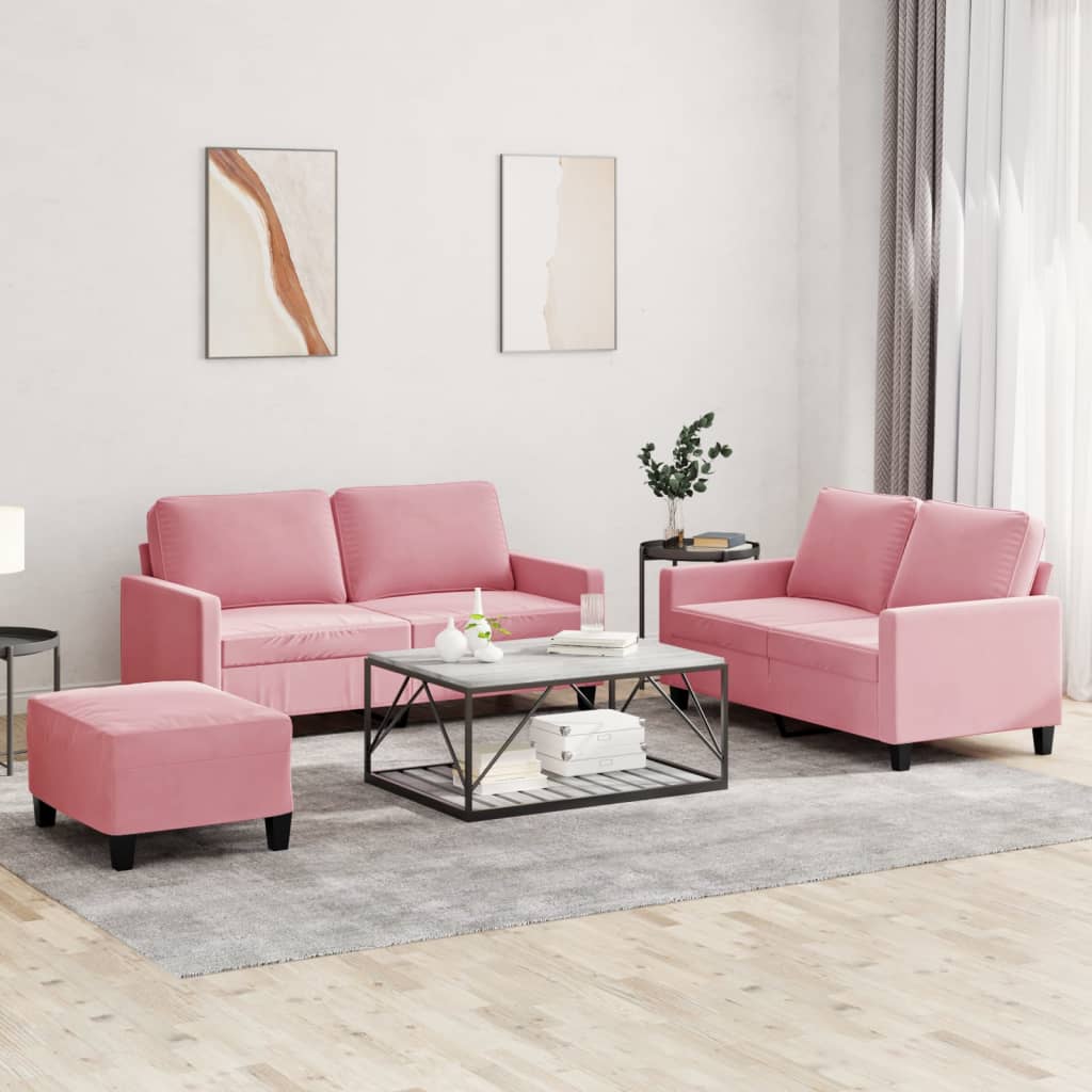 3-tlg. Sofagarnitur mit Kissen Rosa Samt