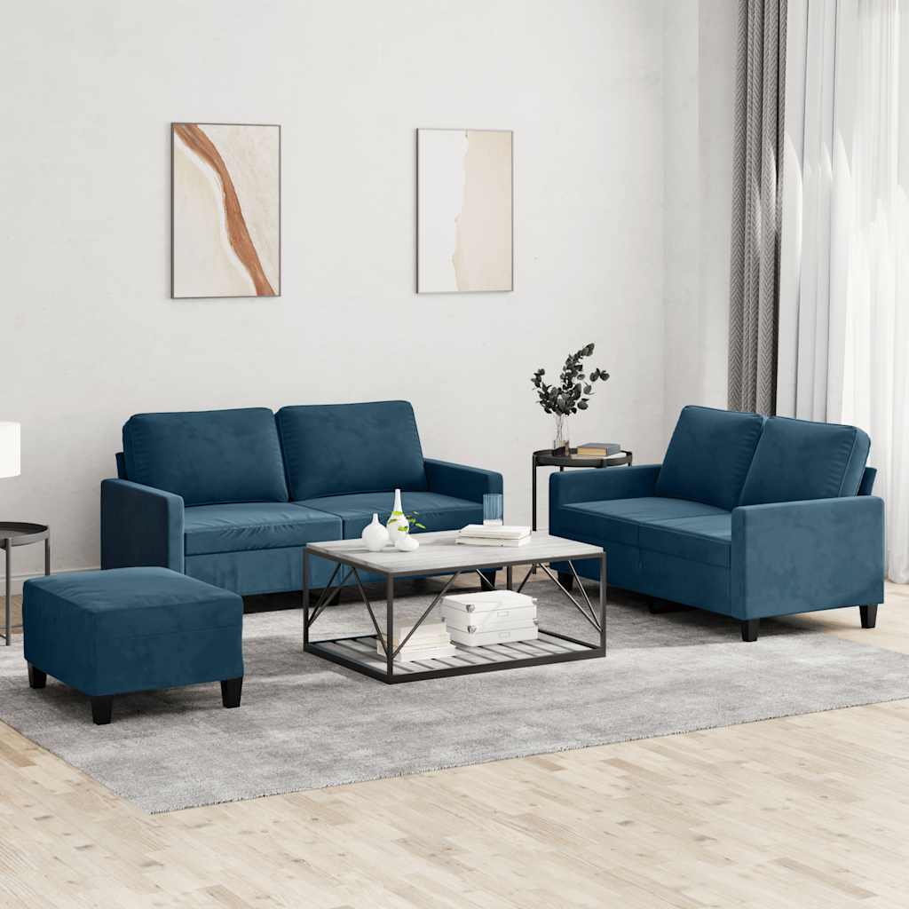 3-tlg. Sofagarnitur mit Kissen Blau Samt
