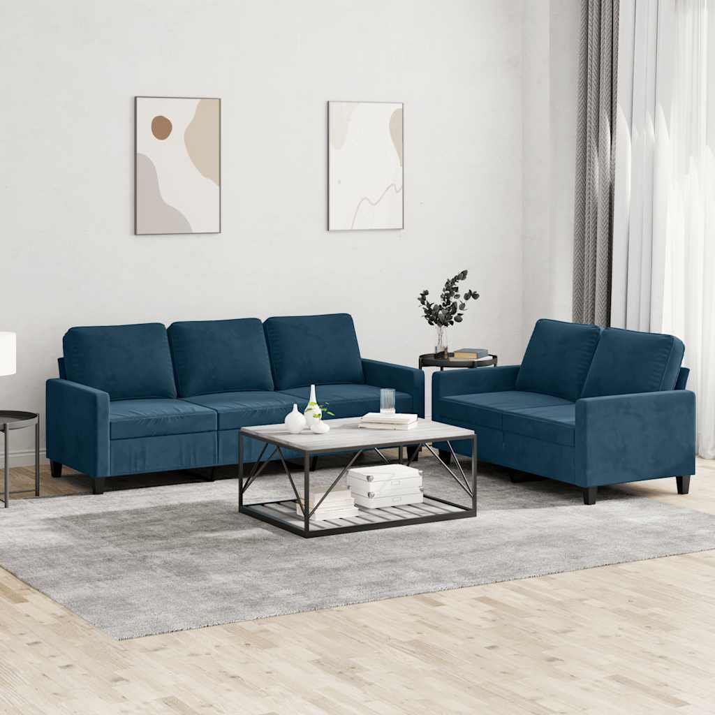2-tlg. Sofagarnitur mit Kissen Blau Samt