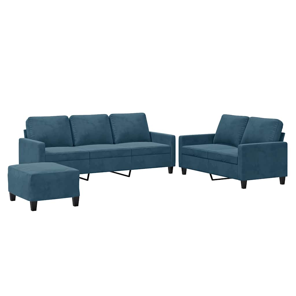 3-tlg. Sofagarnitur mit Kissen Blau Samt