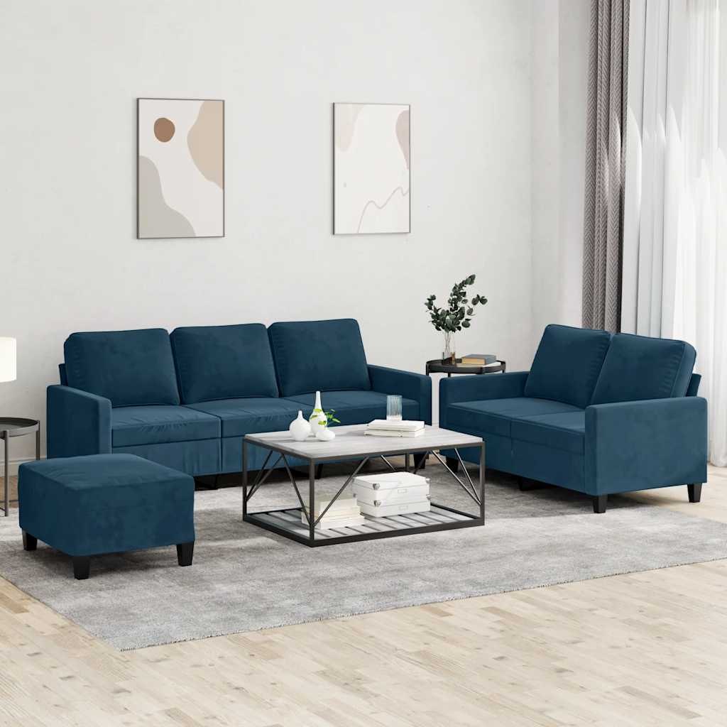 3-tlg. Sofagarnitur mit Kissen Blau Samt