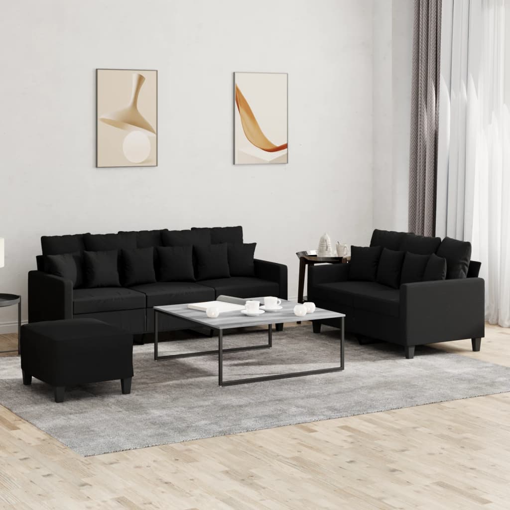 3-tlg. Sofagarnitur mit Kissen Schwarz Stoff