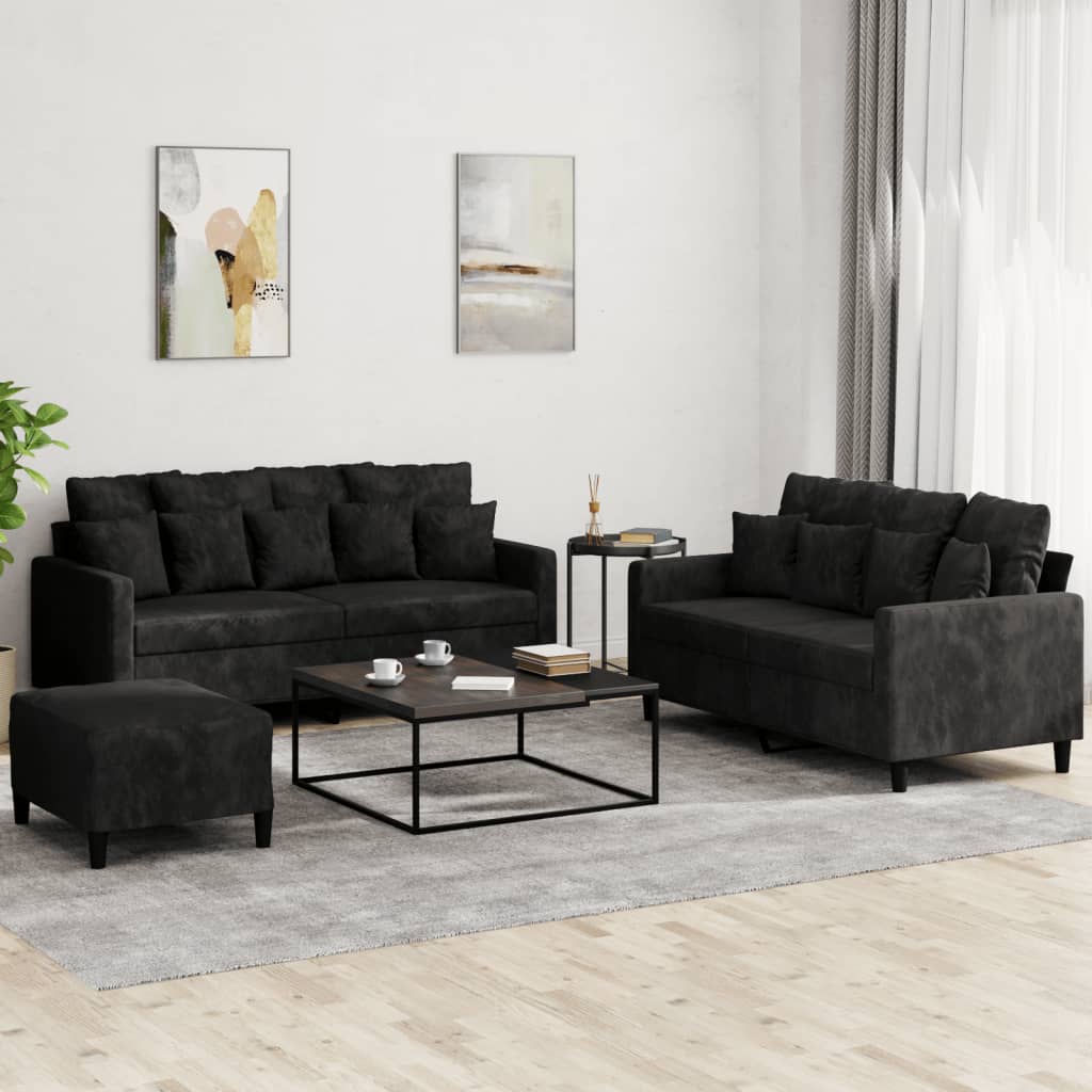 3-tlg. Sofagarnitur mit Kissen Schwarz Samt