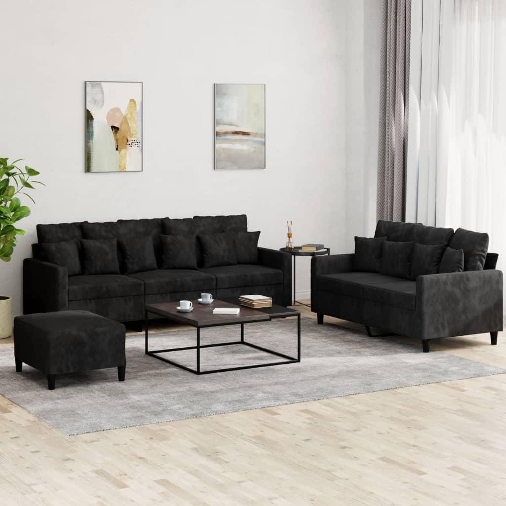 3-tlg. Sofagarnitur mit Kissen Schwarz Samt