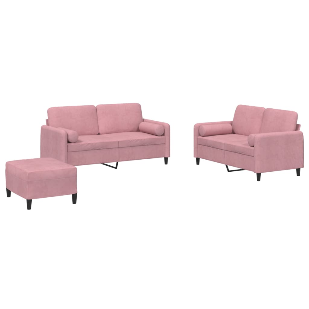 3-tlg. Sofagarnitur mit Kissen Rosa Samt