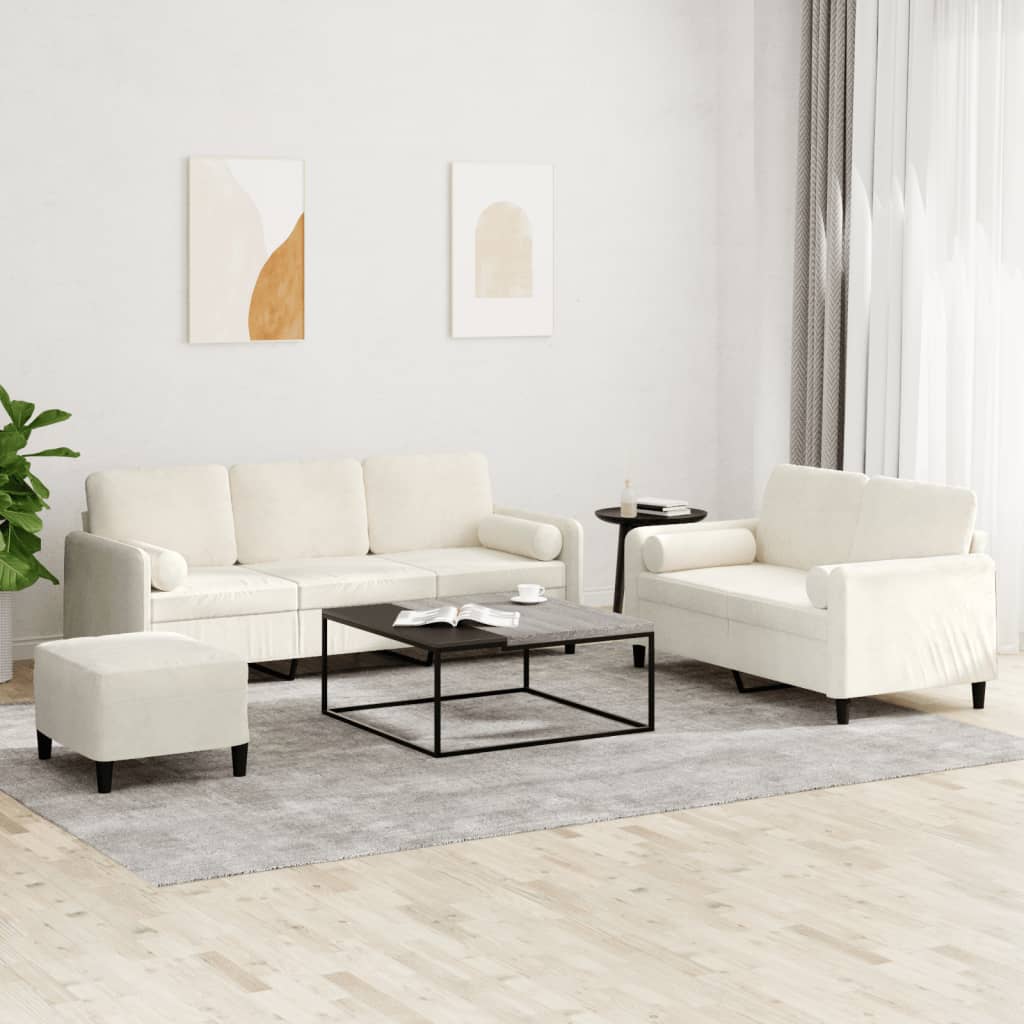 3-tlg. Sofagarnitur mit Kissen Creme Samt