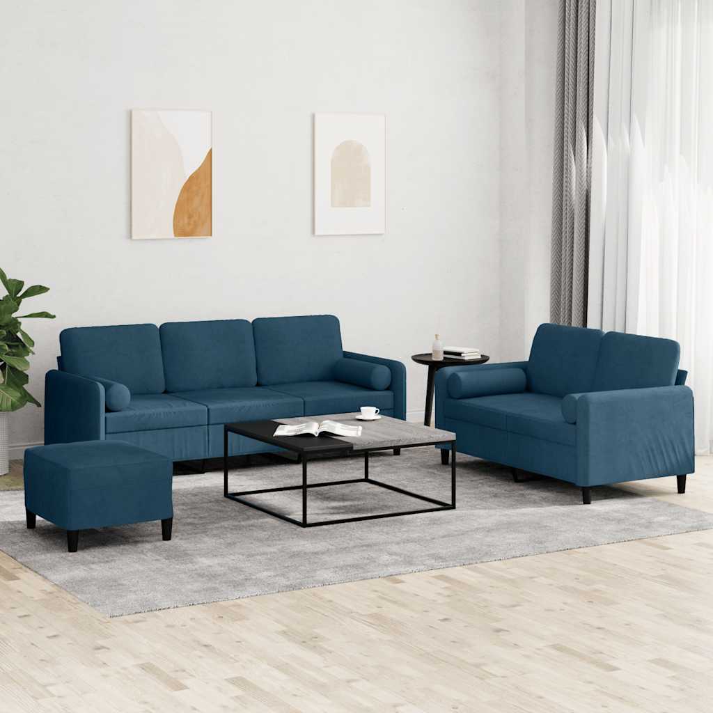3-tlg. Sofagarnitur mit Kissen Blau Samt