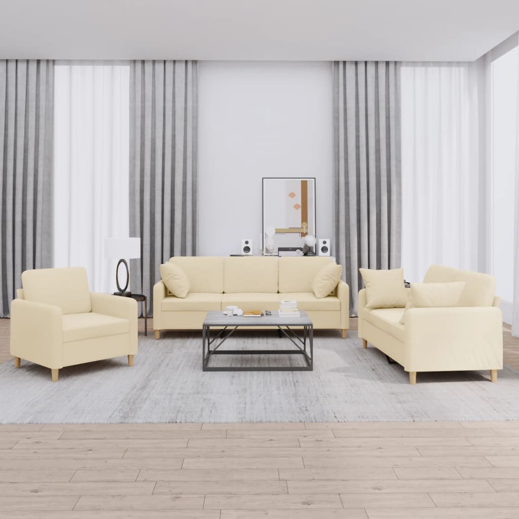 3-tlg. Sofagarnitur mit Kissen Creme Stoff