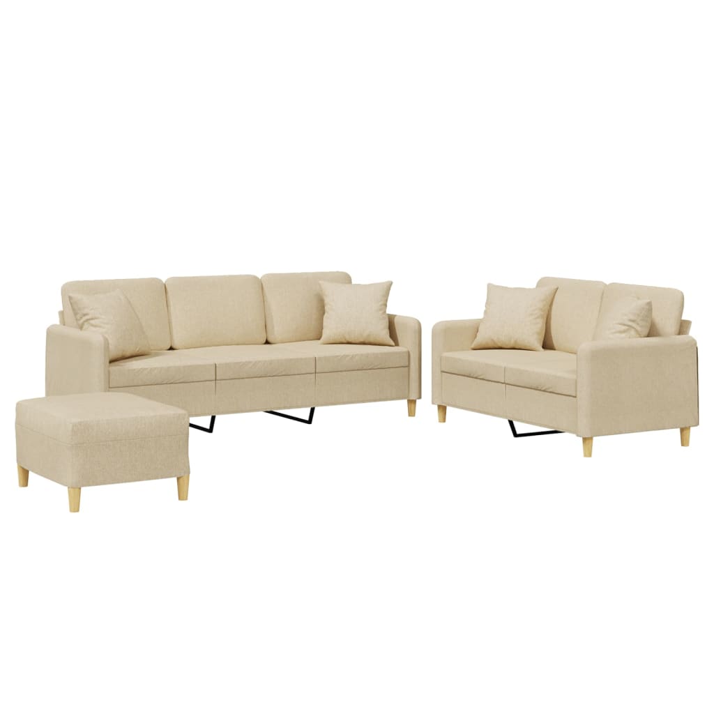 3-tlg. Sofagarnitur mit Kissen Creme Stoff