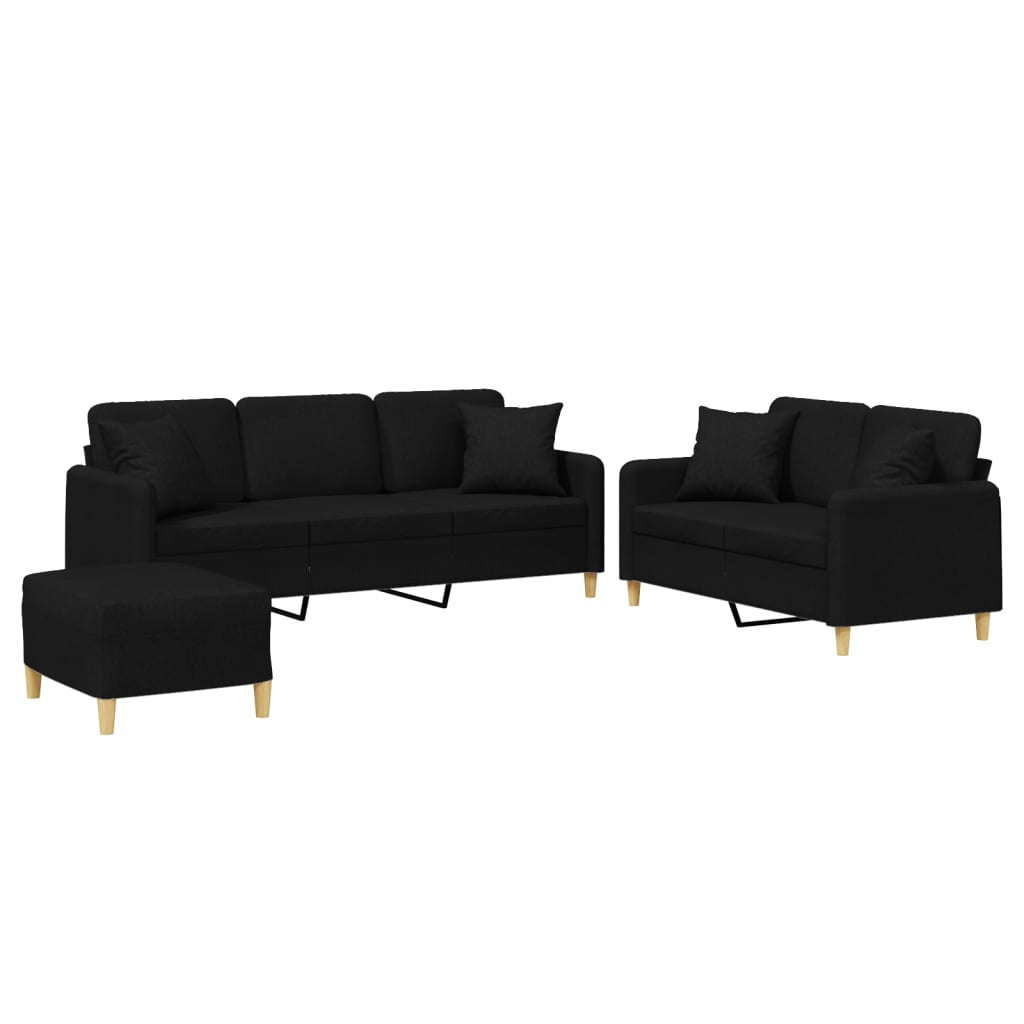 3-tlg. Sofagarnitur mit Kissen Schwarz Stoff