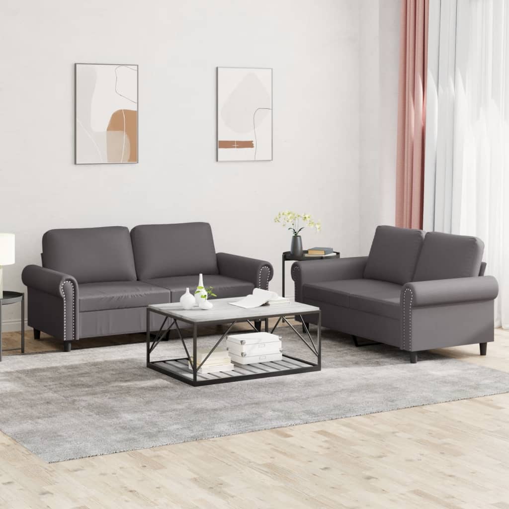 2-tlg. Sofagarnitur mit Kissen Grau Kunstleder