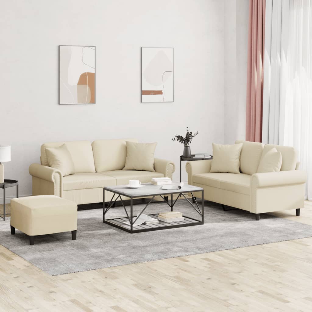 3-tlg. Sofagarnitur mit Kissen Creme Kunstleder