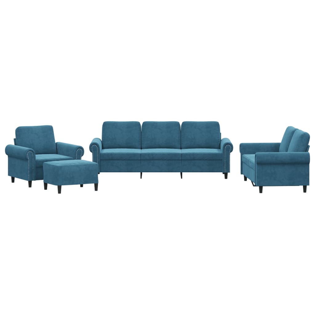 4-tlg. Sofagarnitur mit Kissen Blau Samt
