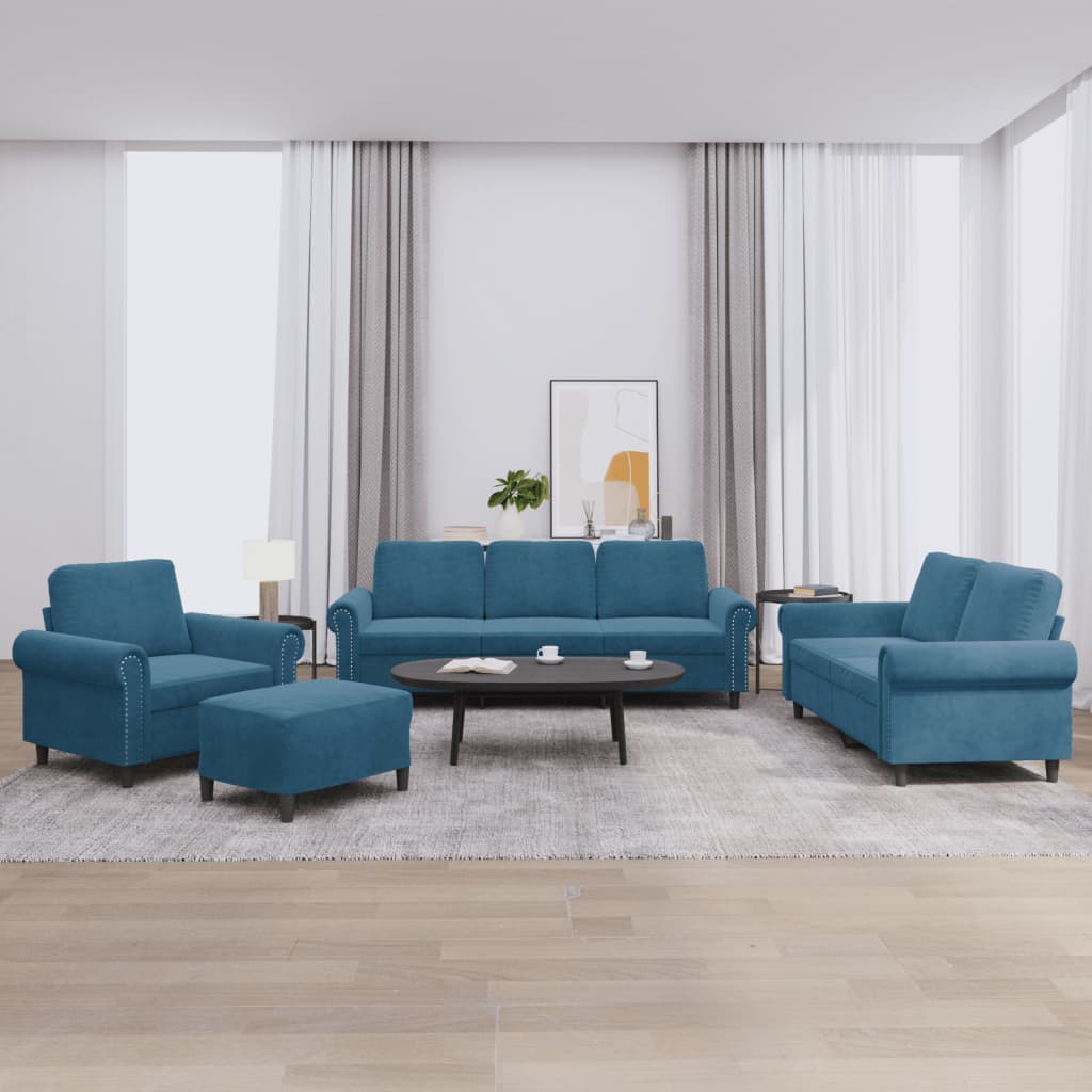 4-tlg. Sofagarnitur mit Kissen Blau Samt