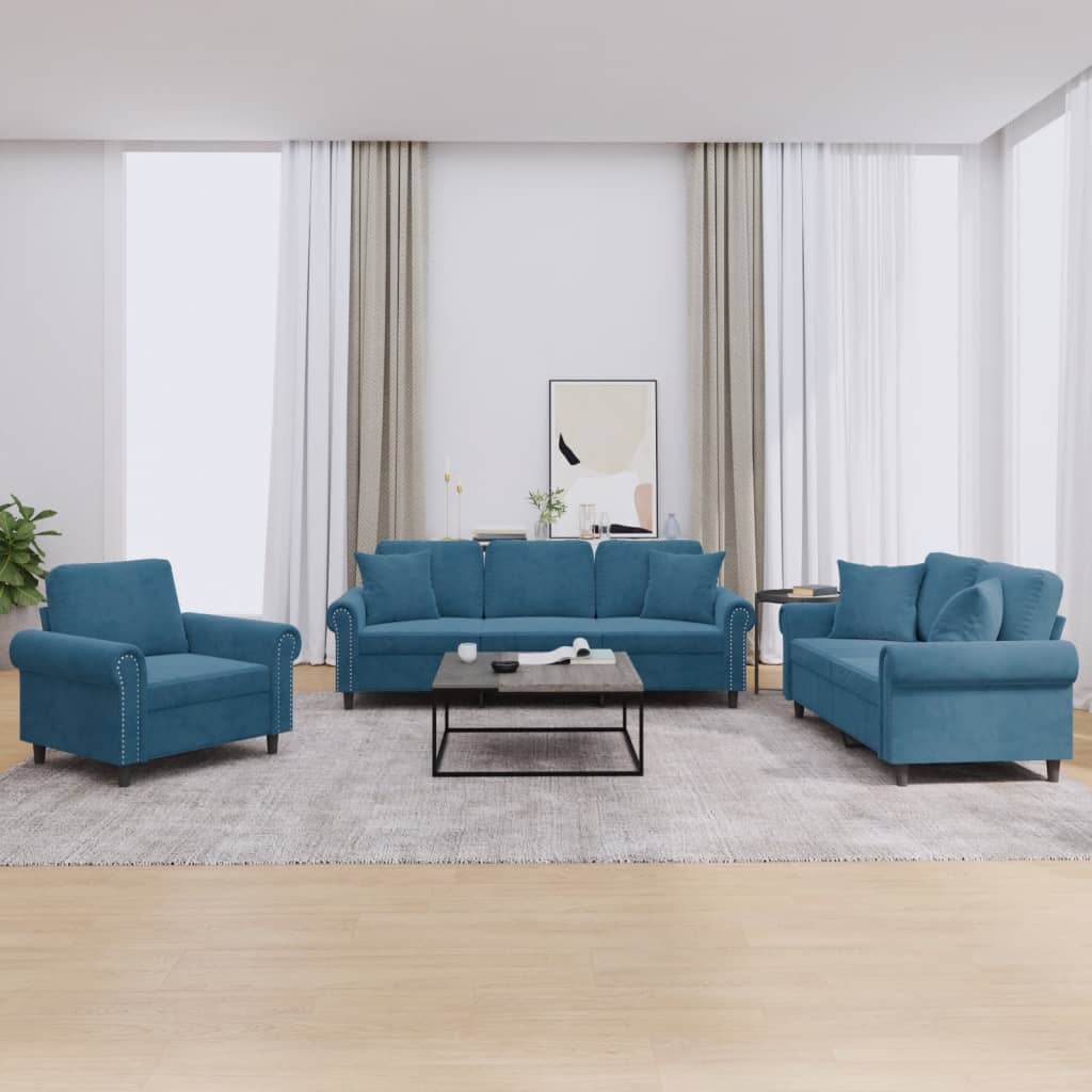 3-tlg. Sofagarnitur mit Kissen Blau Samt