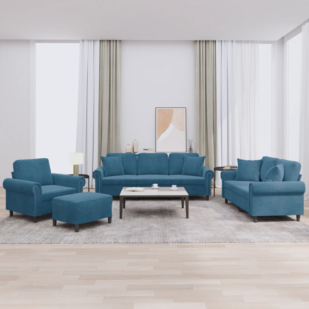 4-tlg. Sofagarnitur mit Kissen Blau Samt