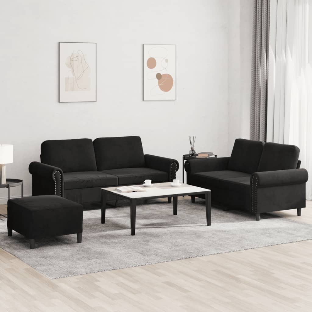 3-tlg. Sofagarnitur mit Kissen Schwarz Samt