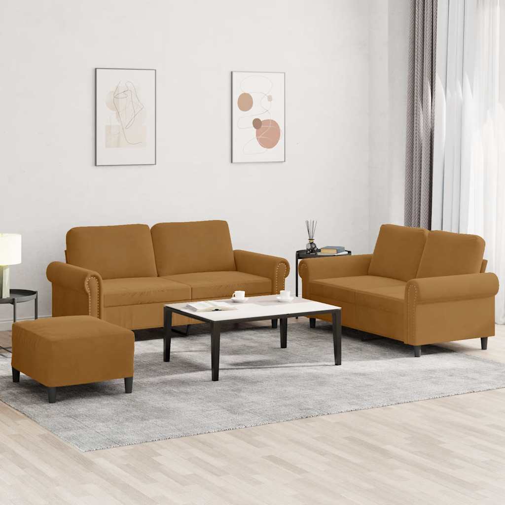 3-tlg. Sofagarnitur mit Kissen Braun Samt
