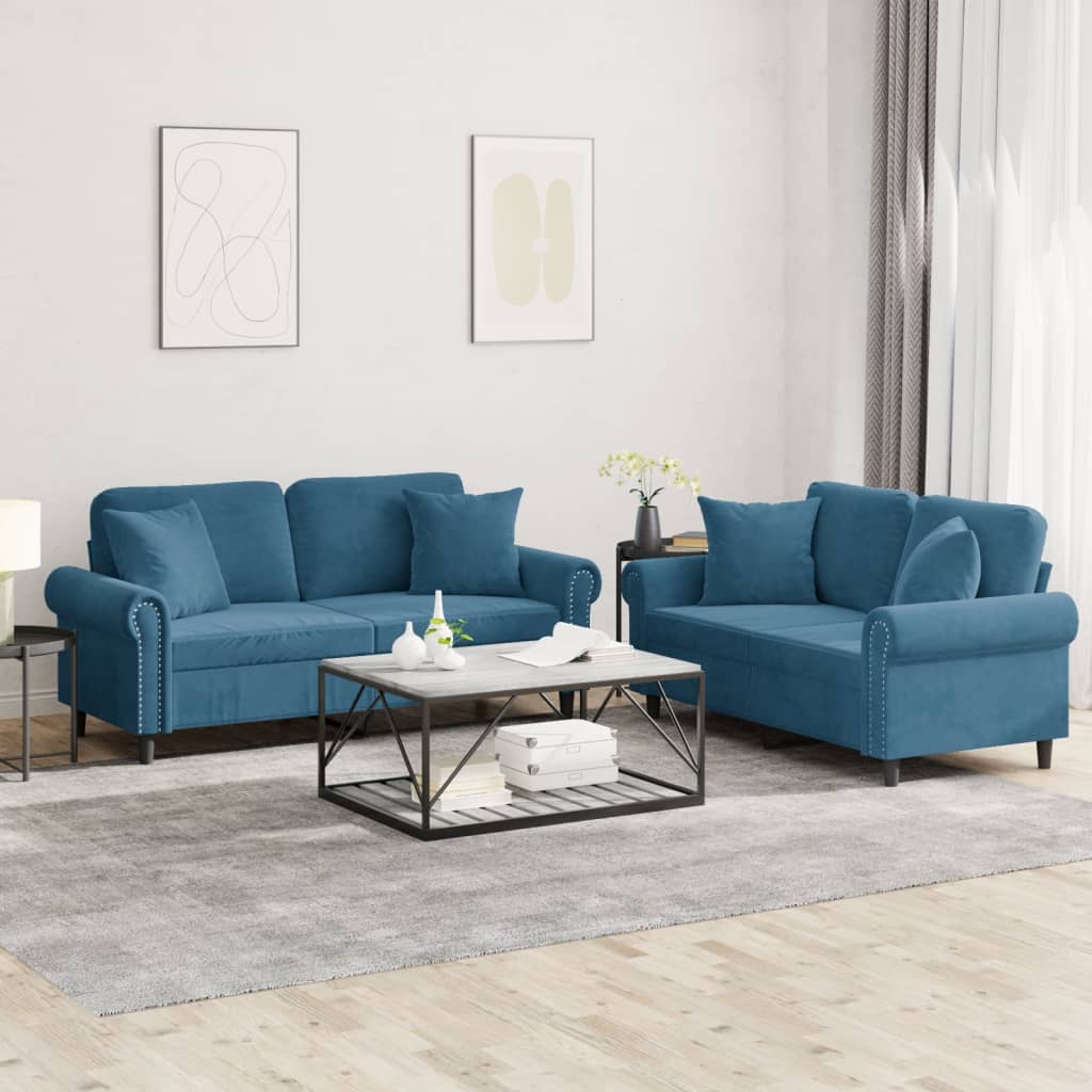 2-tlg. Sofagarnitur mit Kissen Blau Samt