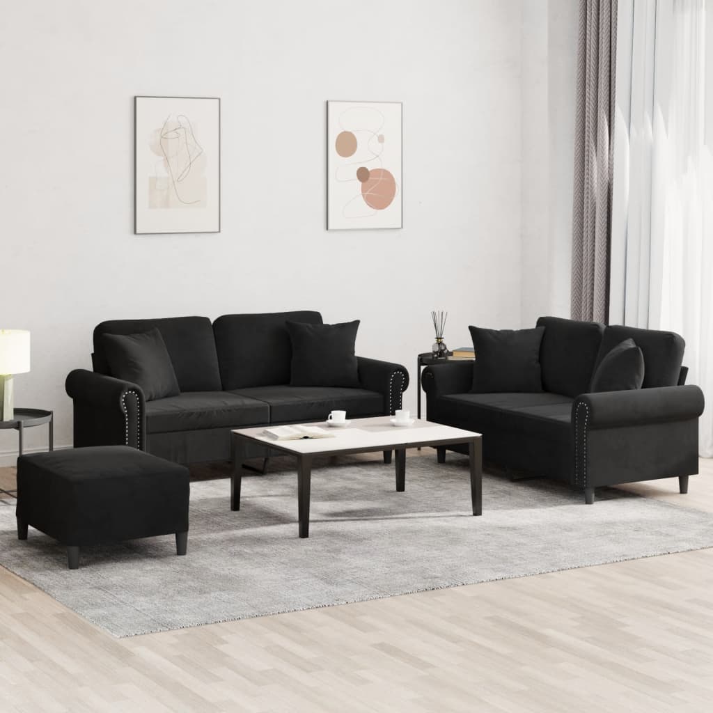 3-tlg. Sofagarnitur mit Kissen Schwarz Samt