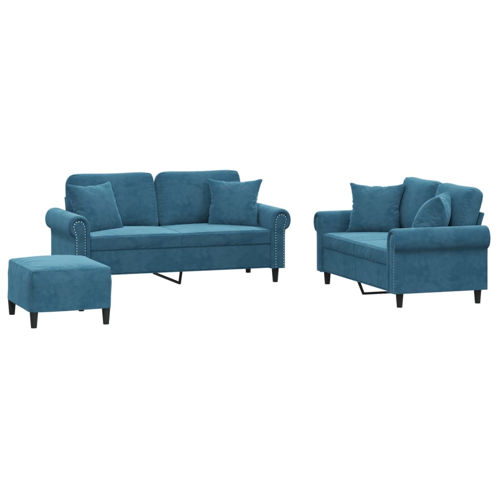 3-tlg. Sofagarnitur mit Kissen Blau Samt