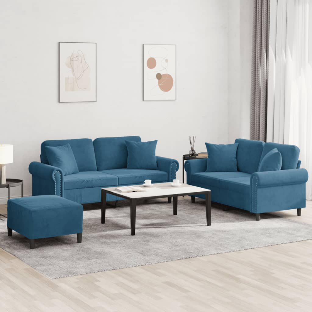 3-tlg. Sofagarnitur mit Kissen Blau Samt