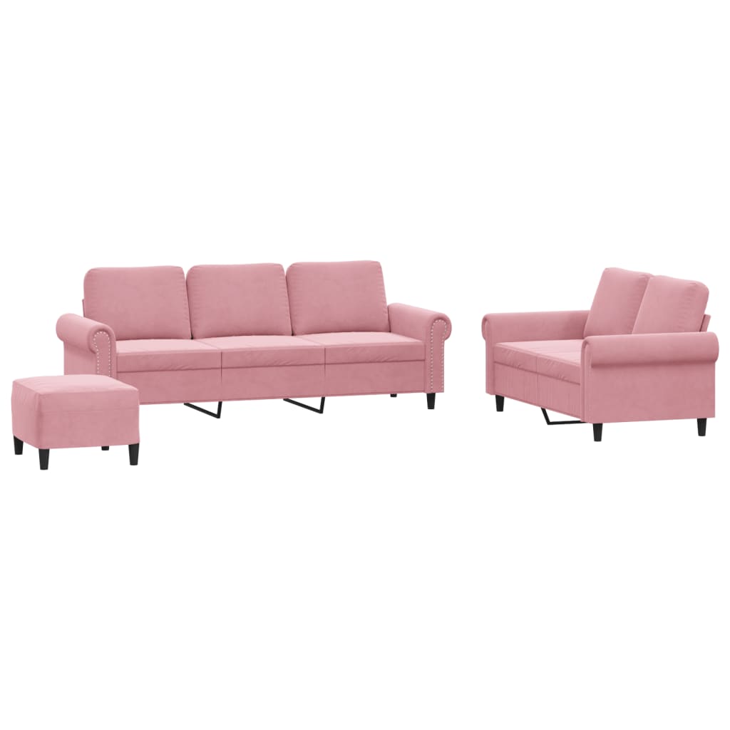 3-tlg. Sofagarnitur mit Kissen Rosa Samt
