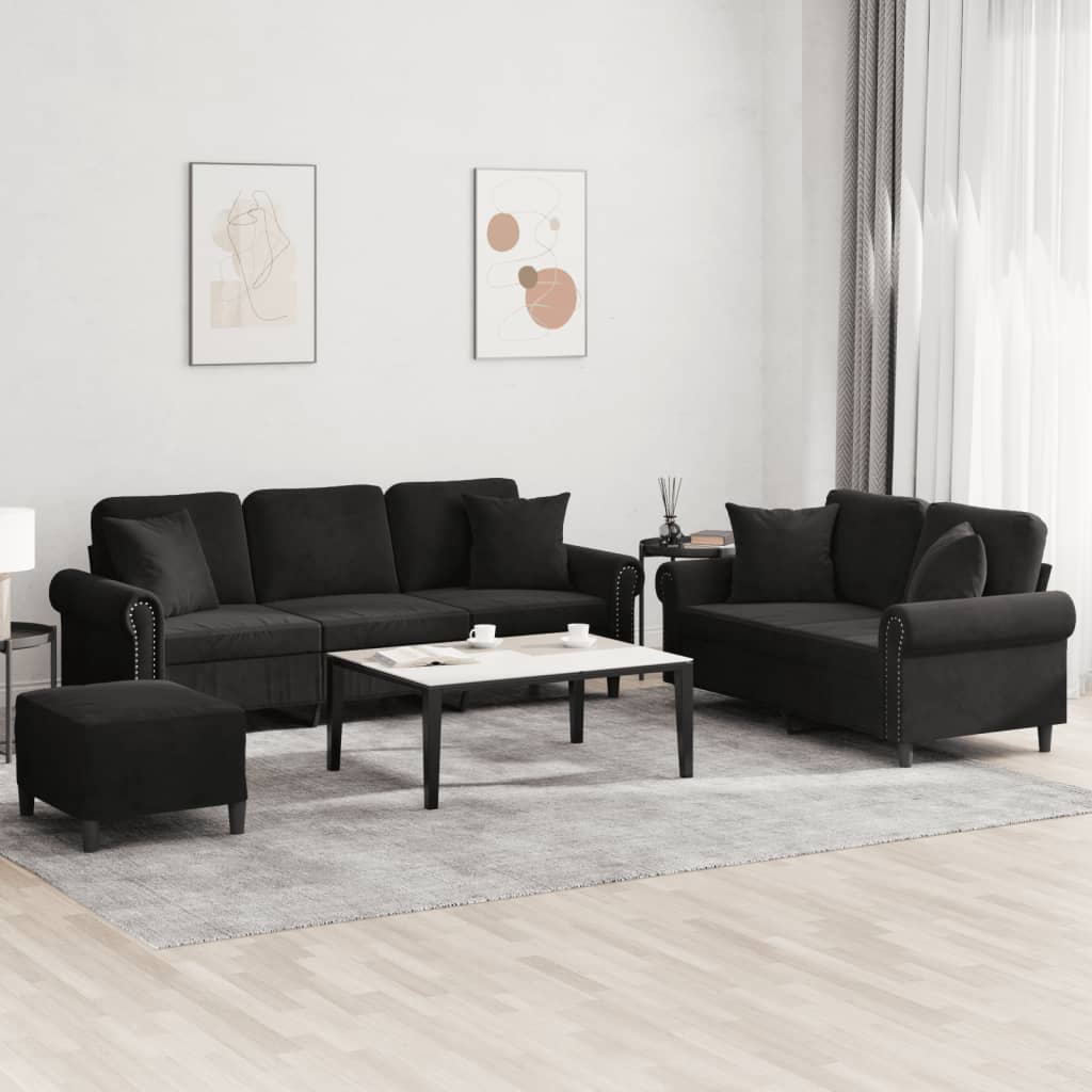 3-tlg. Sofagarnitur mit Kissen Schwarz Samt
