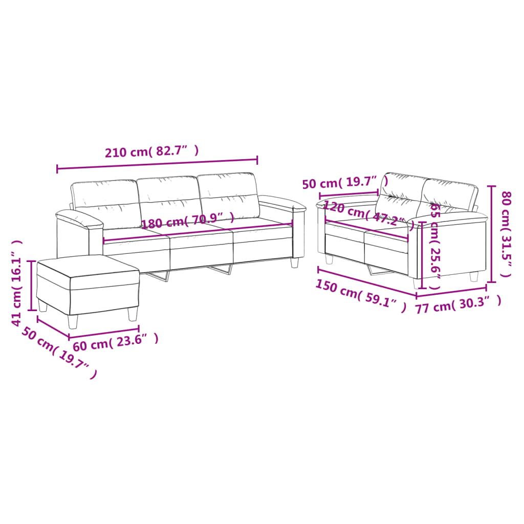 3-tlg. Sofagarnitur mit Kissen Beige Mikrofasergewebe