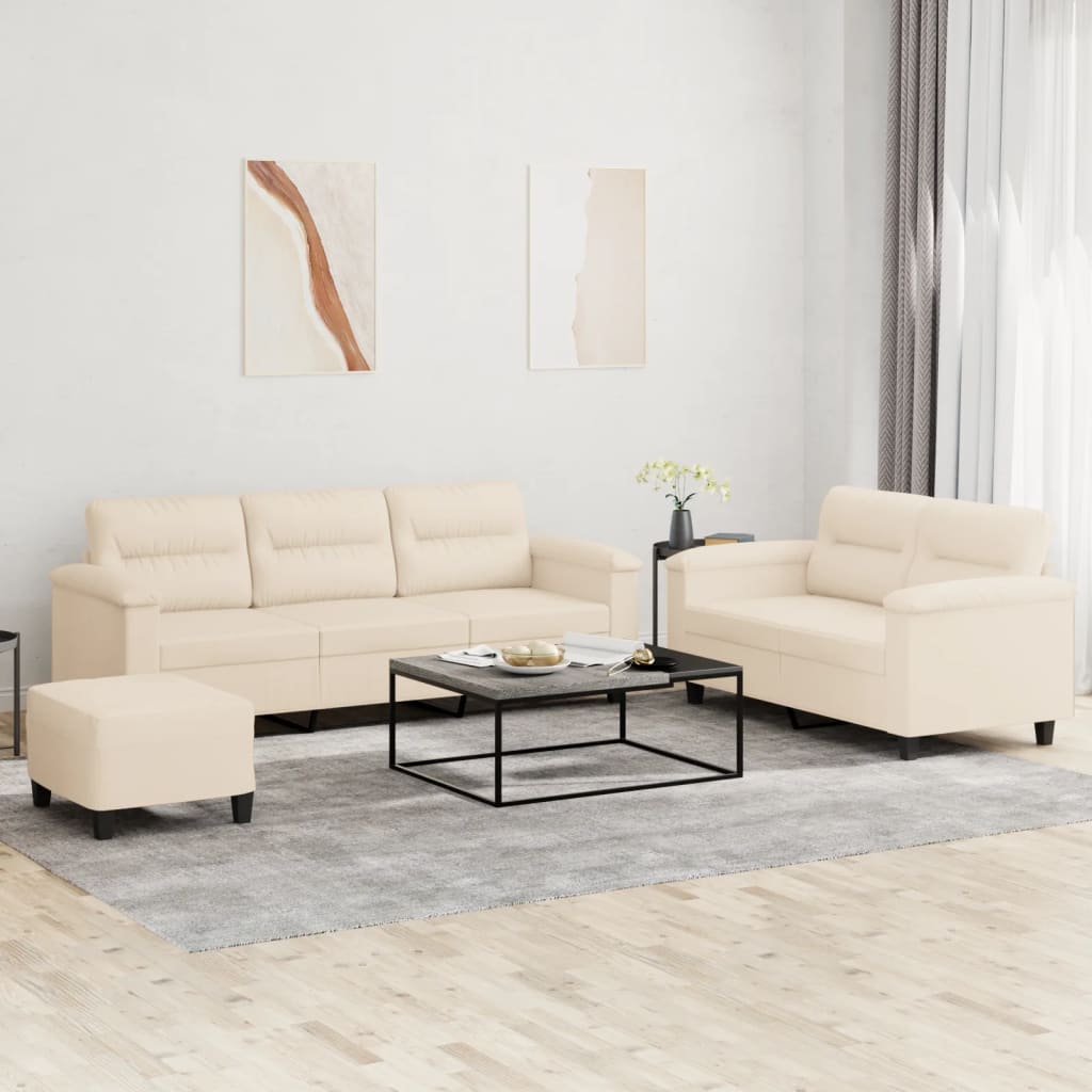 3-tlg. Sofagarnitur mit Kissen Beige Mikrofasergewebe
