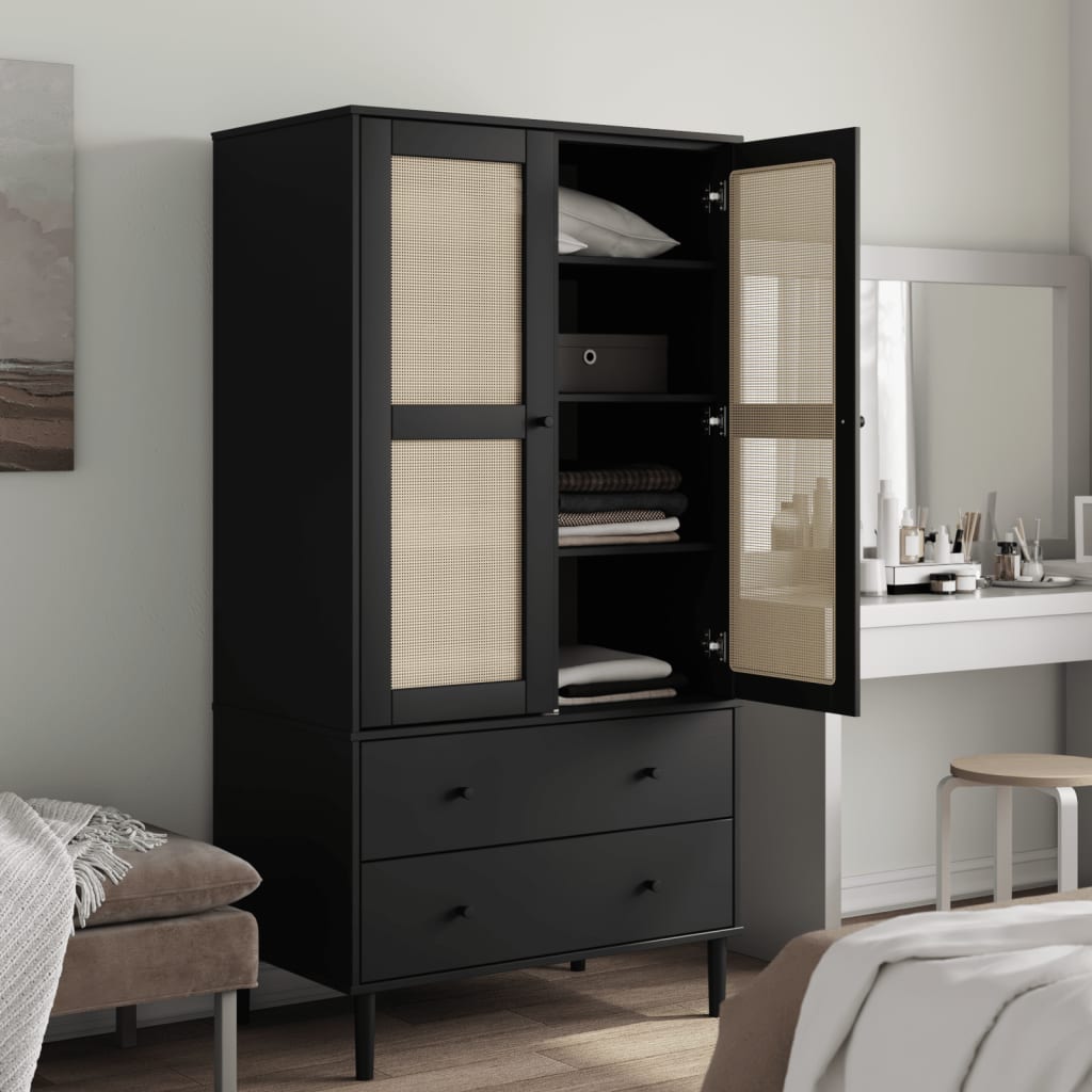 Kleiderschrank SENJA Rattan-Optik Schwarz 90x55x175 cm