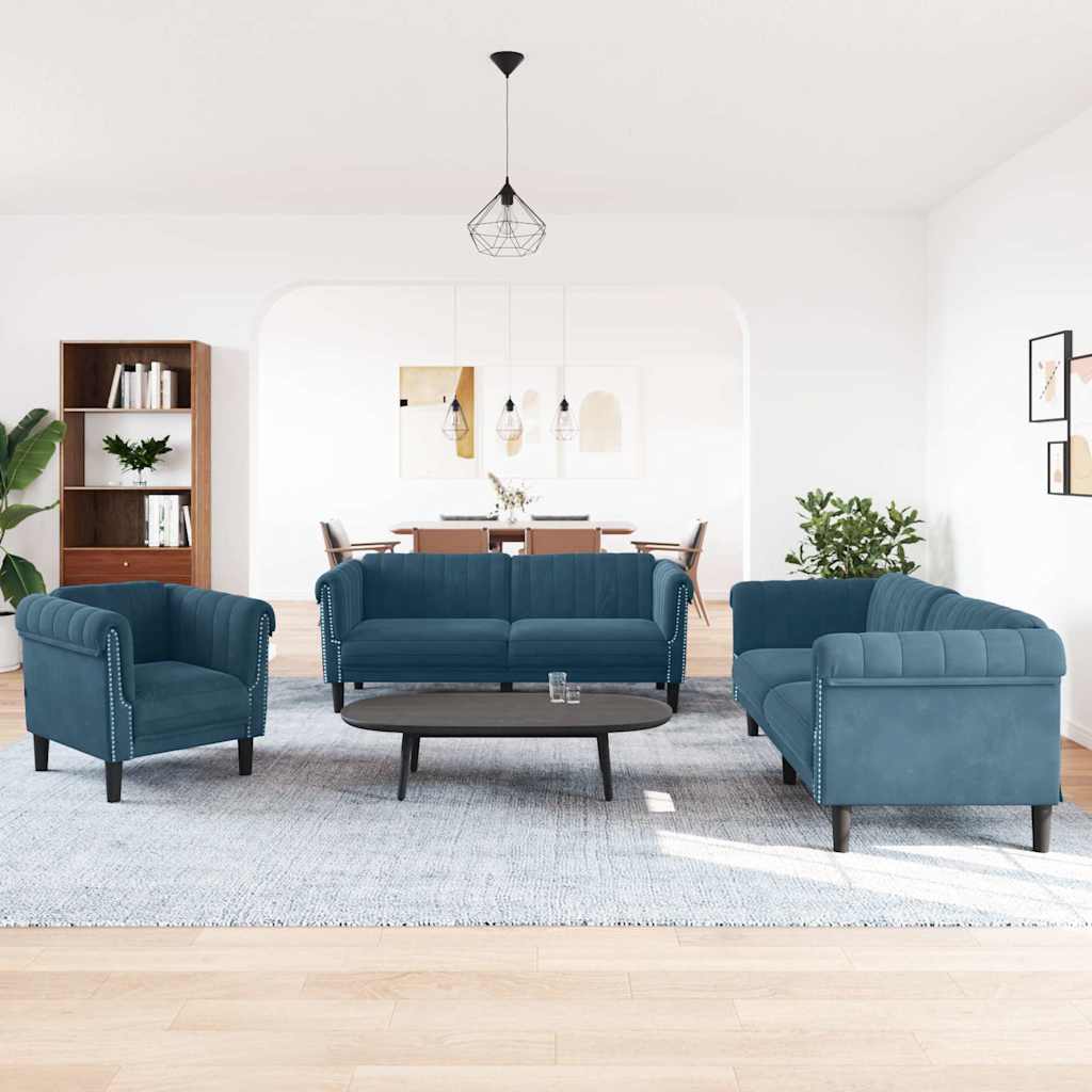 3-tlg. Sofagarnitur Blau Samt
