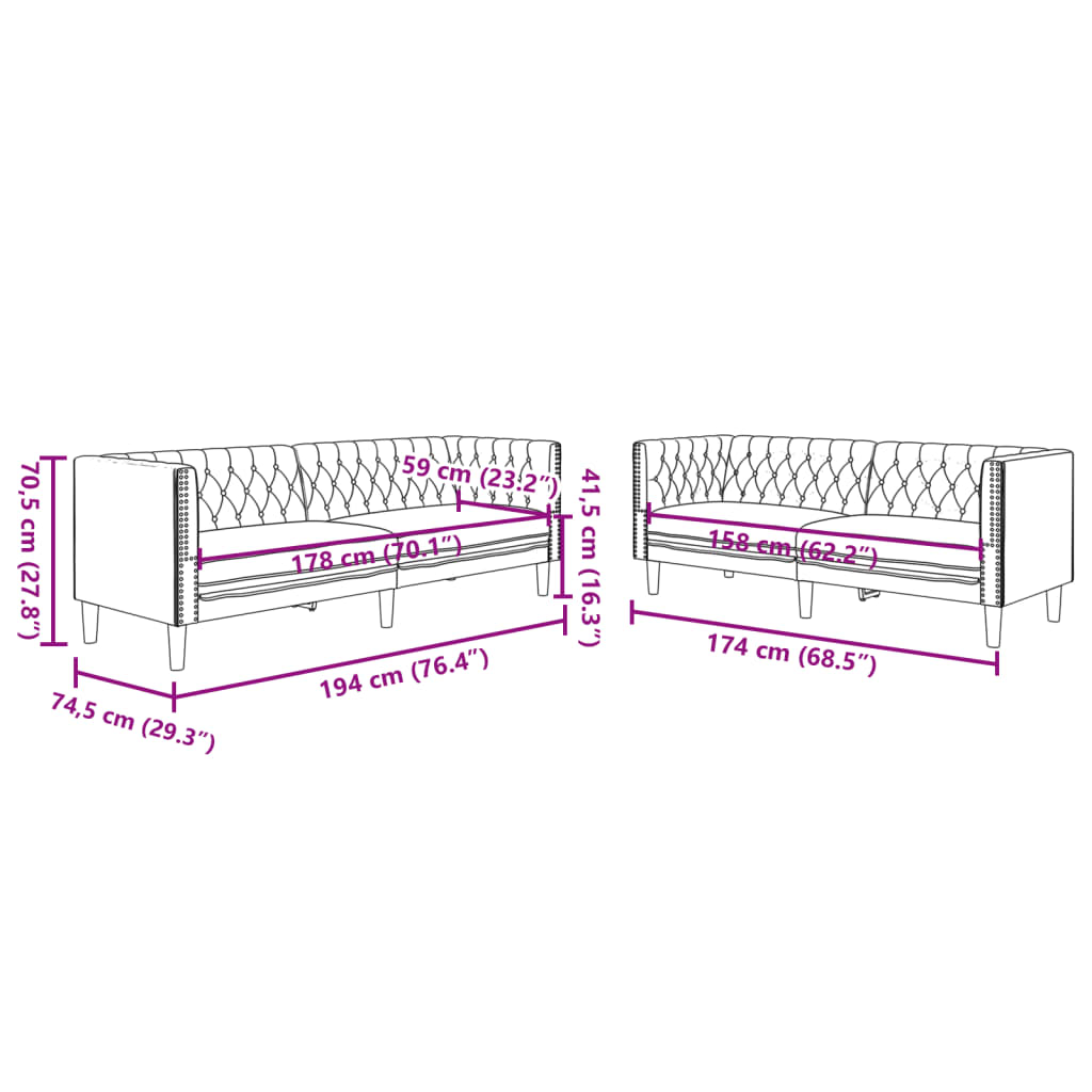 2-tlg. Chesterfield-Sofa-Set Schwarz Kunstleder
