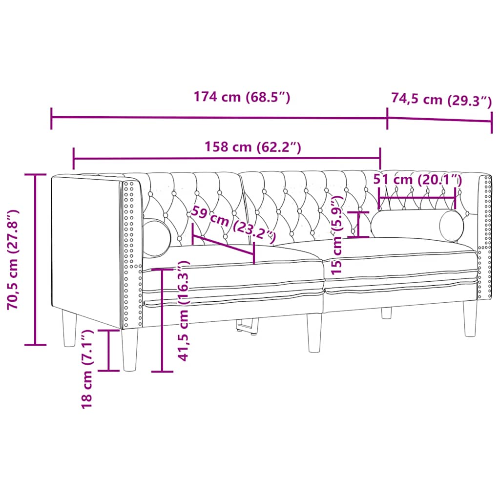 3-tlg. Chesterfield-Sofa-Set mit Nackenrollen Dunkelgrün Samt