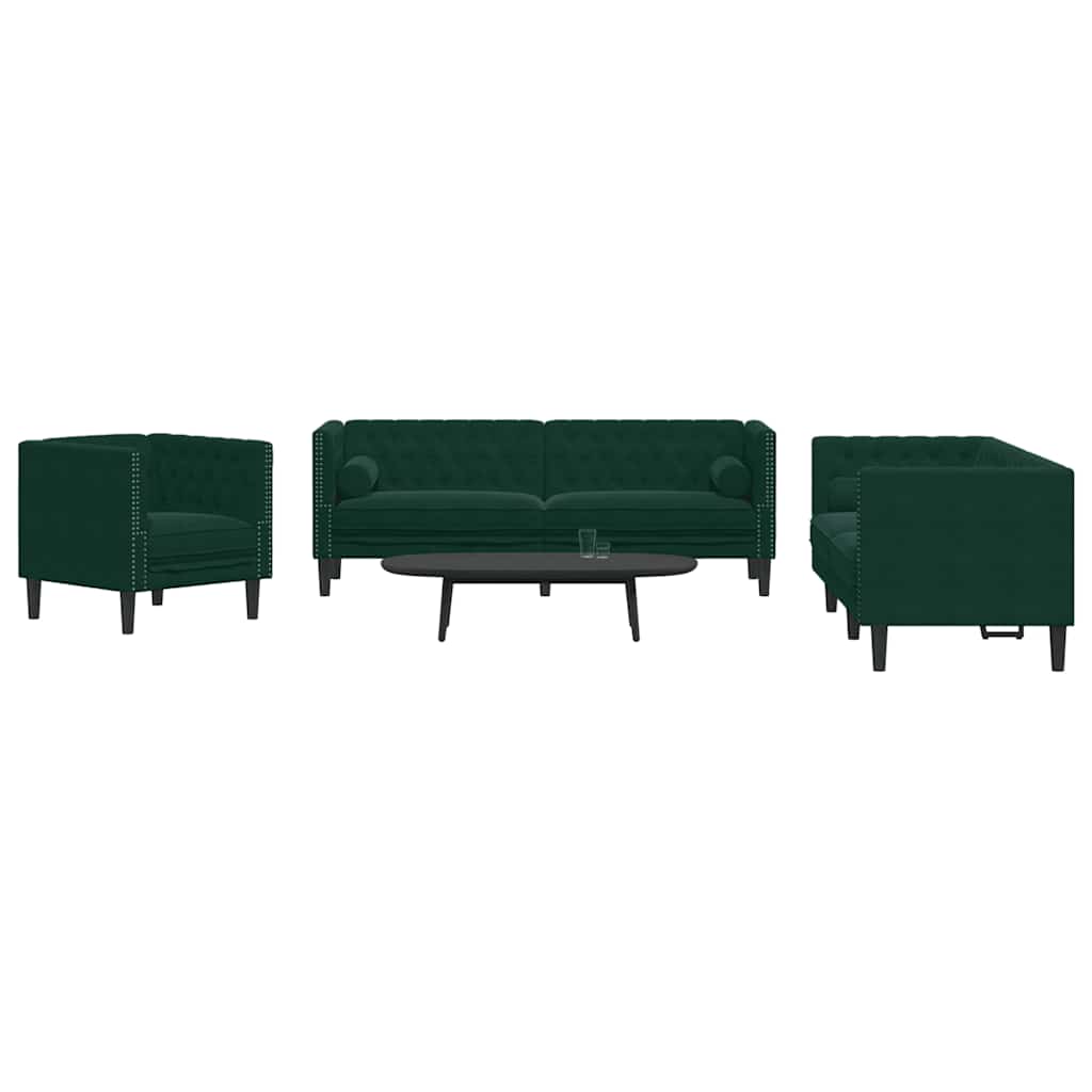 3-tlg. Chesterfield-Sofa-Set mit Nackenrollen Dunkelgrün Samt
