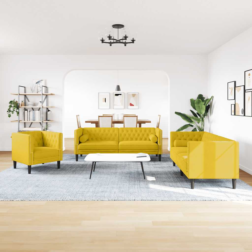 3-tlg. Chesterfield-Sofa-Set mit Nackenrollen Gelb Samt
