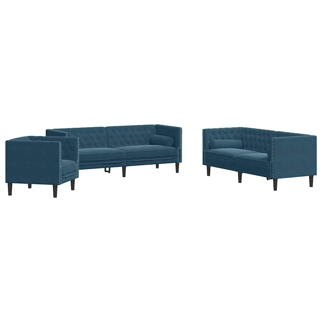 3-tlg. Chesterfield-Sofa-Set mit Nackenrollen Blau Samt