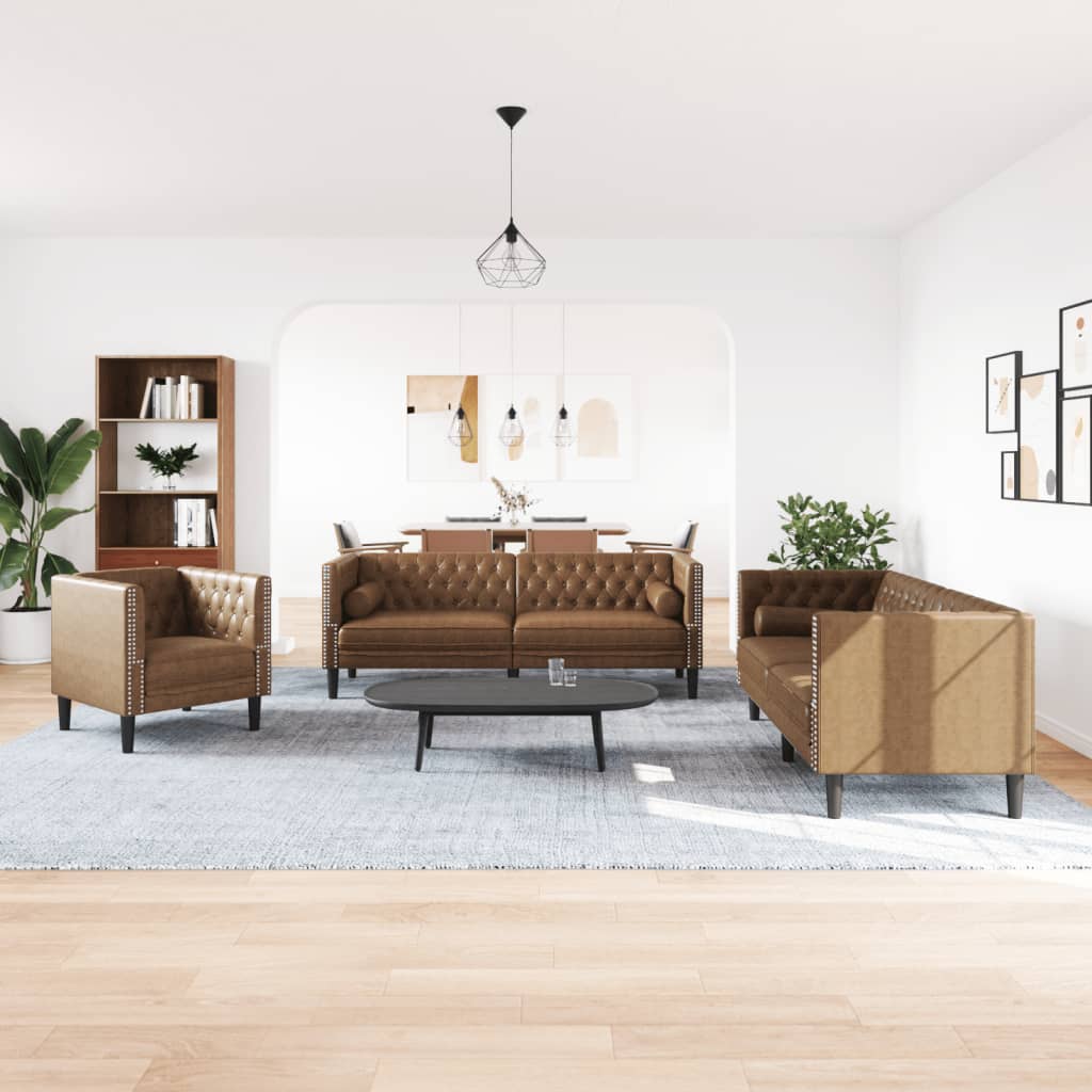 3-tlg. Chesterfield-Sofa-Set Braun Kunstleder Wildleder-Optik