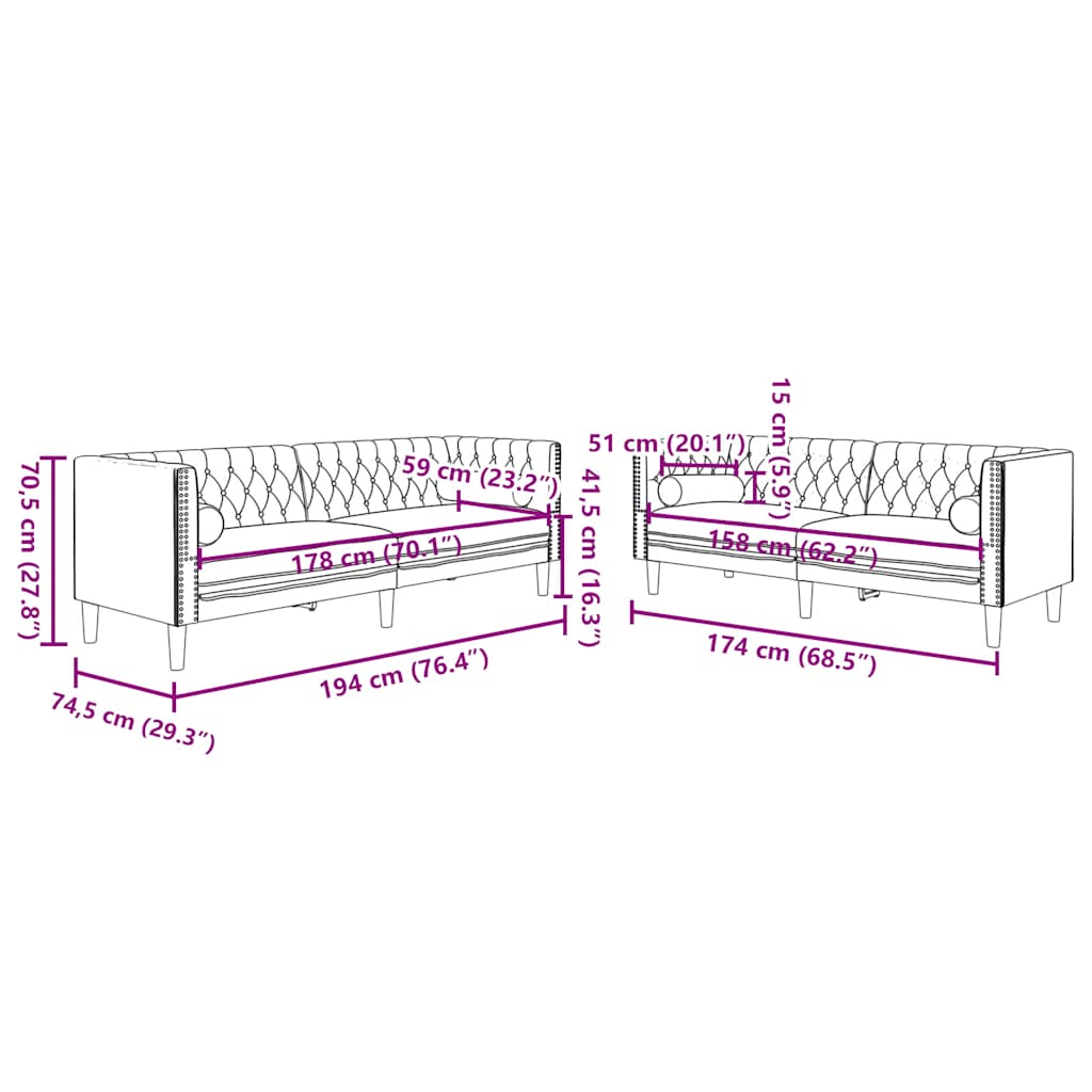 2-tlg. Chesterfield-Sofa-Set mit Nackenrollen Creme Samt